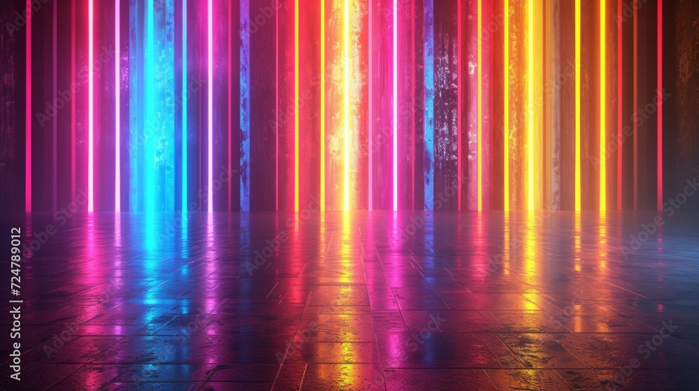 3d rendering, abstract neon background. Modern wallpaper with glowing vertical lines  - obrazy, fototapety, plakaty 