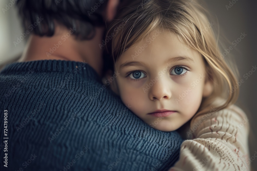 Candid image of a serious little girl lovingly draping her arms around her father's neck. Focus