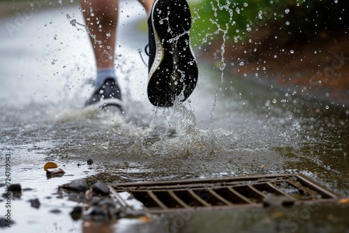 jogger splashes through a puddle, storm drain visible photo