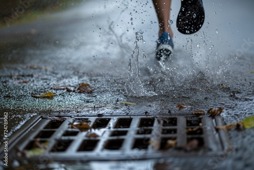 jogger splashes through a puddle, storm drain visible