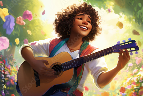 curly girl with a beaming smile plays guitar amidst a vibrant, flower filled meadow, with colorful ribbons fluttering in the breeze, illustration