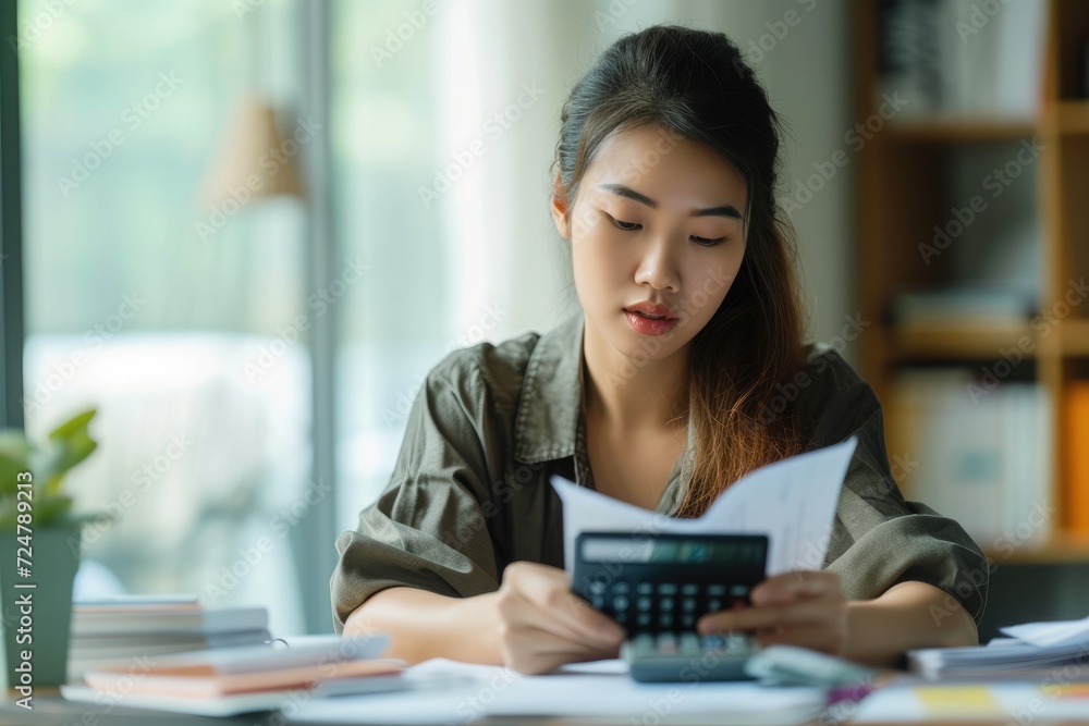 Cropped shot of young Asian woman managing personal banking and finance at home. Cropped shot of young Asian woman managing personal banking and finance at home.