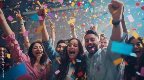 Happy diverse employees team celebrating success business achievement among confetti