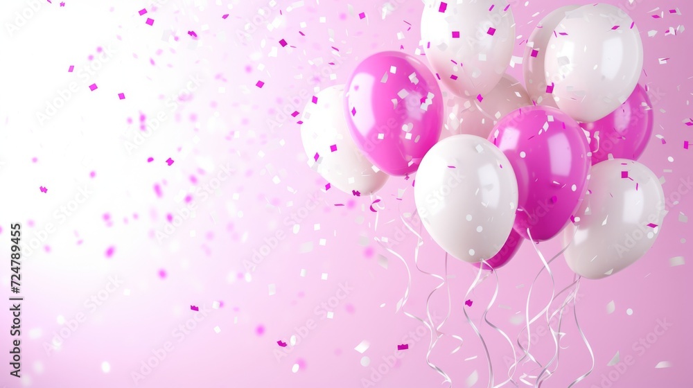 Celebration background concept with pink, white balloons and confetti --ar 16:9 --v 6 Job ID: b131db9f-4099-4ed1-815e-c8aafb1c657b