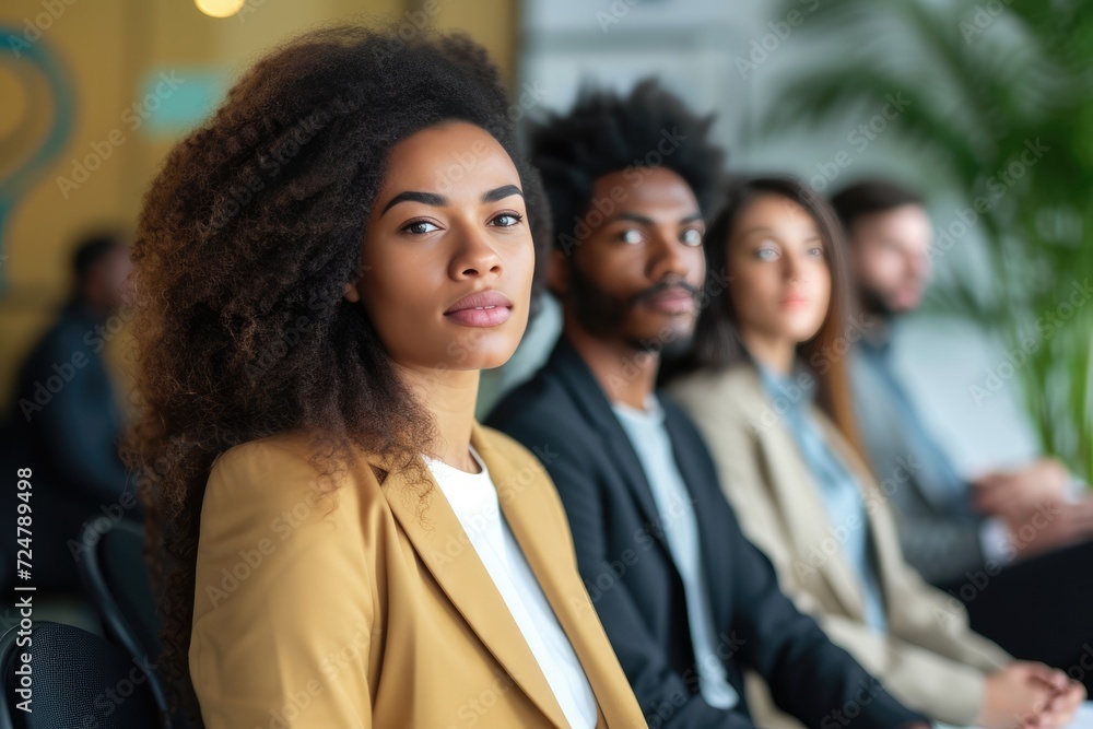 Multi-ethnic group of entrepreneurs waiting for a job interview in the office. Others are in blurred motion. Copy space. Multi-ethnic group of entrepreneurs waiting for a job interview in the office. Others are in blurred motion. Copy space.