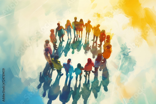 colorful illustration of diverse business team standing in circle, concept for teamwork and creativity, generative AI photo