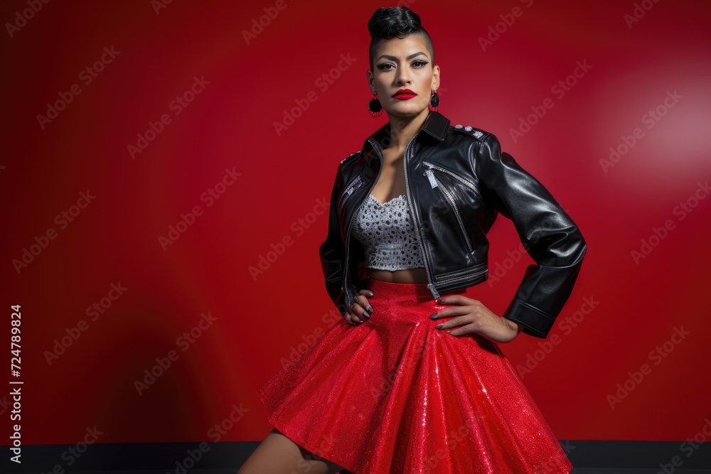 genderqueer individual poses with poise, draped in a red glittering skirt and a sleek leather jacket against a bold red background