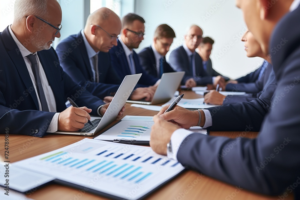 Collaborative business meeting. analysis and solution-seeking with coworkers, shareholders, and clients