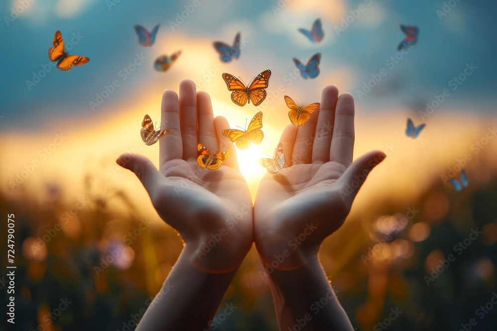 A person releases delicate butterflies into the vast open sky, connecting with the beauty of nature through their outstretched hand - obrazy, fototapety, plakaty 