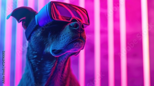 Dog wearing Virtual reality headset. VR  metaverse worlds  modern technologies  gadget for online games