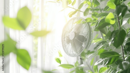 A fan with green leaves in a white bright room by the window blows fresh clean air