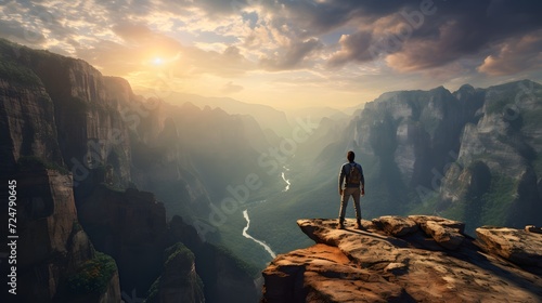 A fearless adventurer stands on the edge of a sheer cliff overlooking a vast canyon, the sheer scale of the landscape emphasizing the insignificance of man