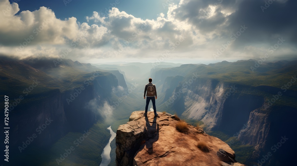 A fearless adventurer stands on the edge of a sheer cliff overlooking a vast canyon, the sheer scale of the landscape emphasizing the insignificance of man - obrazy, fototapety, plakaty 