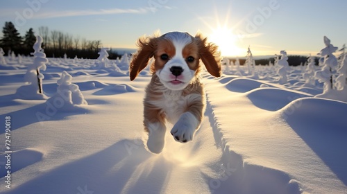 Adorable cavalier king charles spaniel puppy enjoying playful winter fun in the snow photo