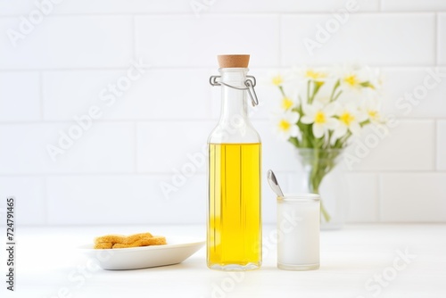 evening primrose oil in a pipette glass bottle on a white surface