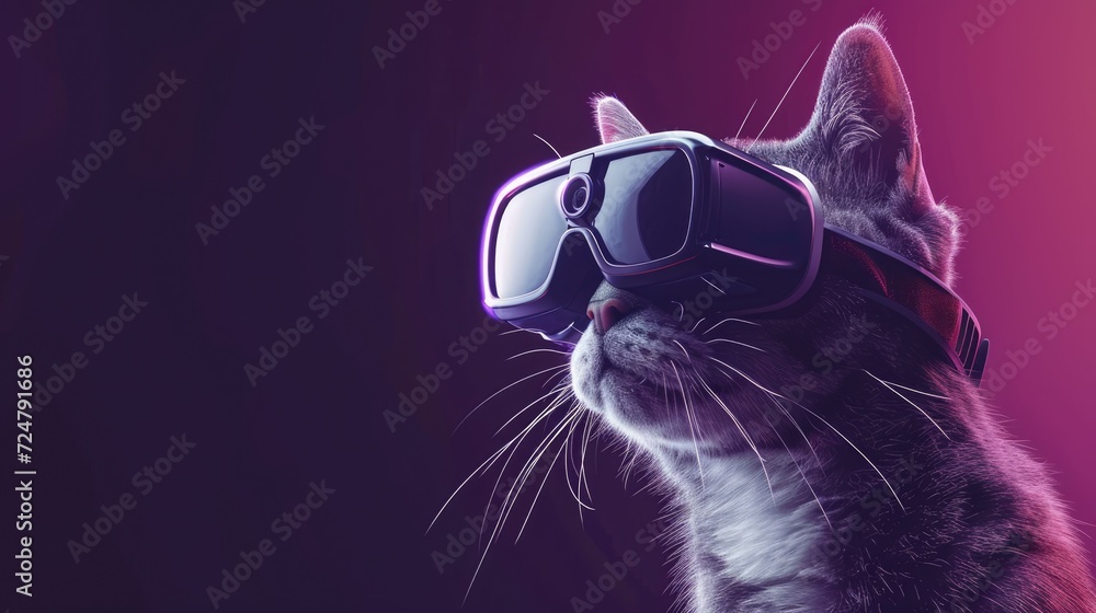 Cat wearing Virtual reality headset. VR, metaverse worlds, modern technologies, gadget for online games