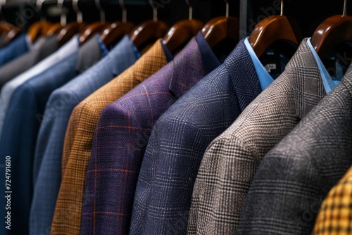 A row of pristine suits hangs on clothes hangers in an indoor closet, the textiles waiting to be picked up from dry cleaning and placed back on the rack for their next swinging adventure