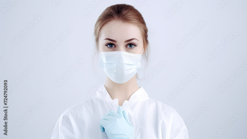 Solitary clinical worker in white gloves and gown against a stark white background Solitary clinical worker in white gloves and gown against a stark white background
