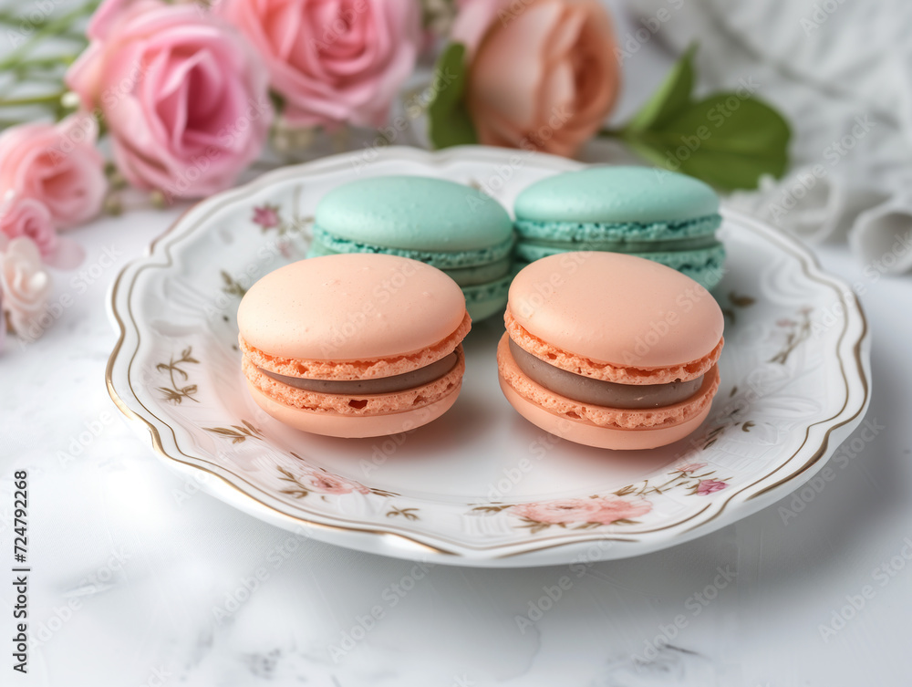 Pastel Macarons on a plate, fancy decoration, flowers in the background, french sweets Pastel Macarons on a plate, fancy decoration, flowers in the background, french sweets