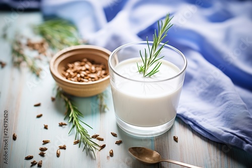 flax milk in a glass with flax seeds on the table