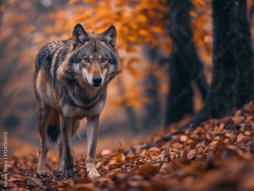 Gray wolf in the woods, wild animal in the forest, dark colors, cinematic vibe, autumn / fall season colors Gray wolf in the woods, wild animal in the forest, dark colors, cinematic vibe, autumn / fall season colors