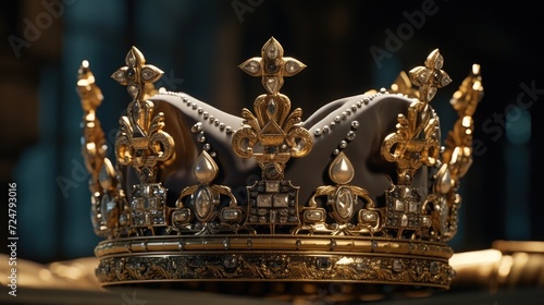 A gold crown placed on a table, ready to be worn. Perfect for royalty-themed events or to represent power and authority