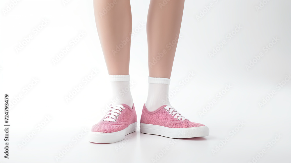 Isolated on a white background are the legs of a female wearing sneakers and socks.