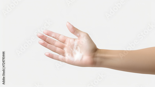 Hand sanitizer spray being used by female hands isolated on a white background photo
