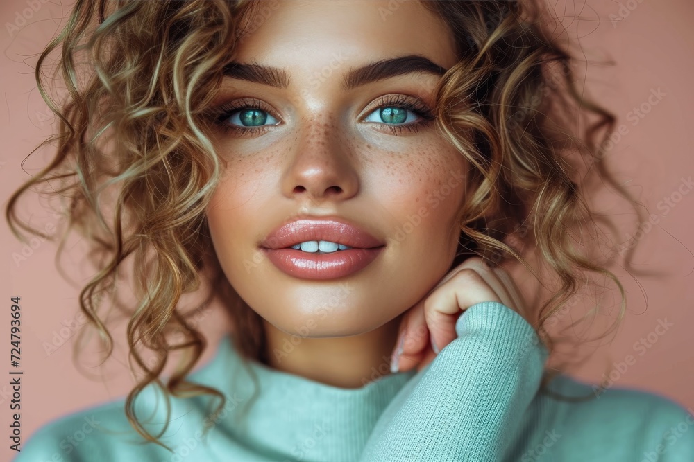 A captivating portrait of a girl with freckles and curly ringlets, her vibrant lips and expressive eyes framed by wispy eyebrows, all accentuated by her unique clothing and delicate features A captivating portrait of a girl with freckles and curly ringlets, her vibrant lips and expressive eyes framed by wispy eyebrows, all accentuated by her unique clothing and delicate features