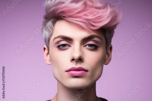 transgender model face closeup with pastel pink hair, soft lavender eyeshadow, and a poised expression, emanating grace