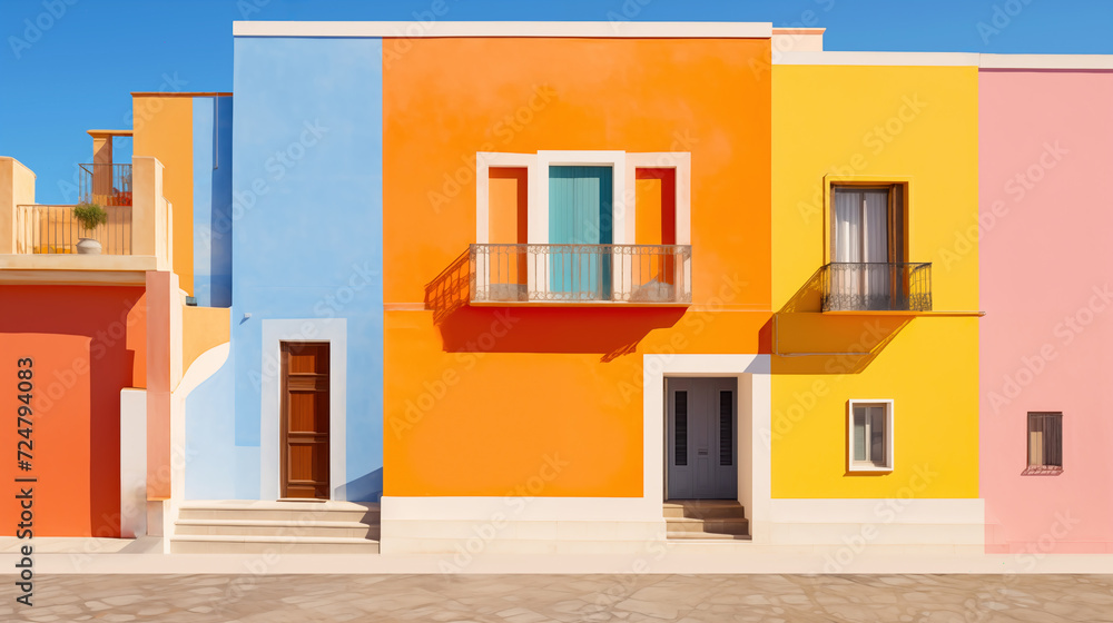 Multi-colored house with blue sky. Non-standard architecture. Villa apartments for summer holidays. Two-story house with balconies Multi-colored house with blue sky. Non-standard architecture. Villa apartments for summer holidays. Two-story house with balconies