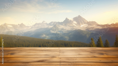 Wooden terrace overlooking nature. Picturesque landscape. Surface made of boards near weights and mountains. Beautiful nature