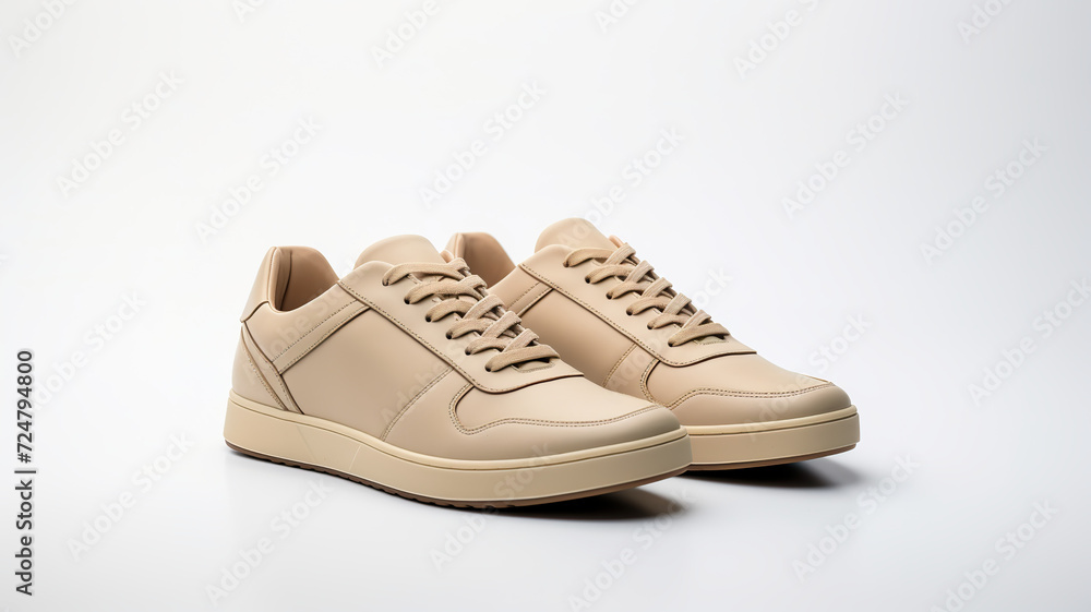 Isolated on a background of pure white, a pair of beige leather sneakers Isolated on a background of pure white, a pair of beige leather sneakers