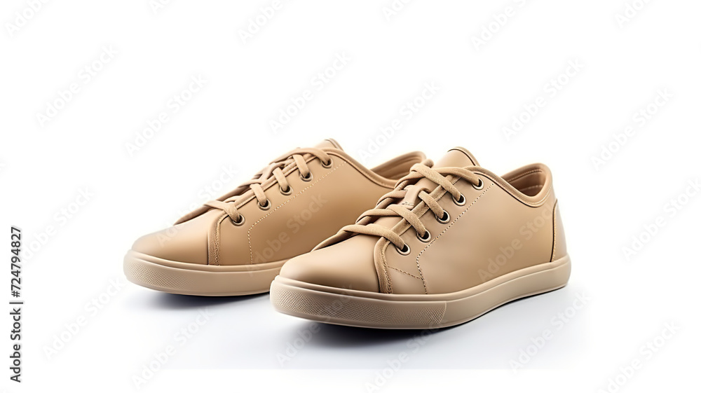 Isolated on a background of pure white, a pair of beige leather sneakers Isolated on a background of pure white, a pair of beige leather sneakers