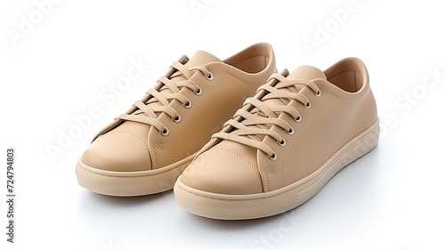Isolated on a background of pure white, a pair of beige leather sneakers