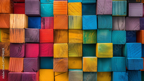 Vibrant wooden blocks in an array of rainbow colors, textured surface.