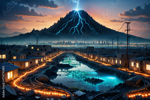 a painting of a city with a lightning bolt in the sky above a river and a mountain with a city in the background © Jersy