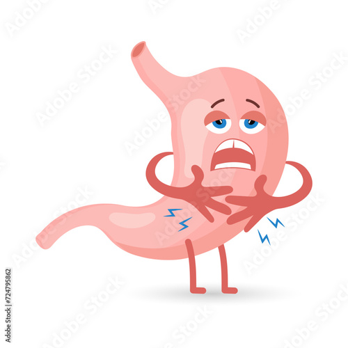 Fototapeta Unhealthy human stomach character is crying and suffering from pain