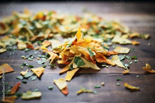 homemade vegetable chips scattered on a tabletop