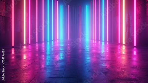 3d rendering  abstract neon background. Modern wallpaper with glowing vertical lines 
