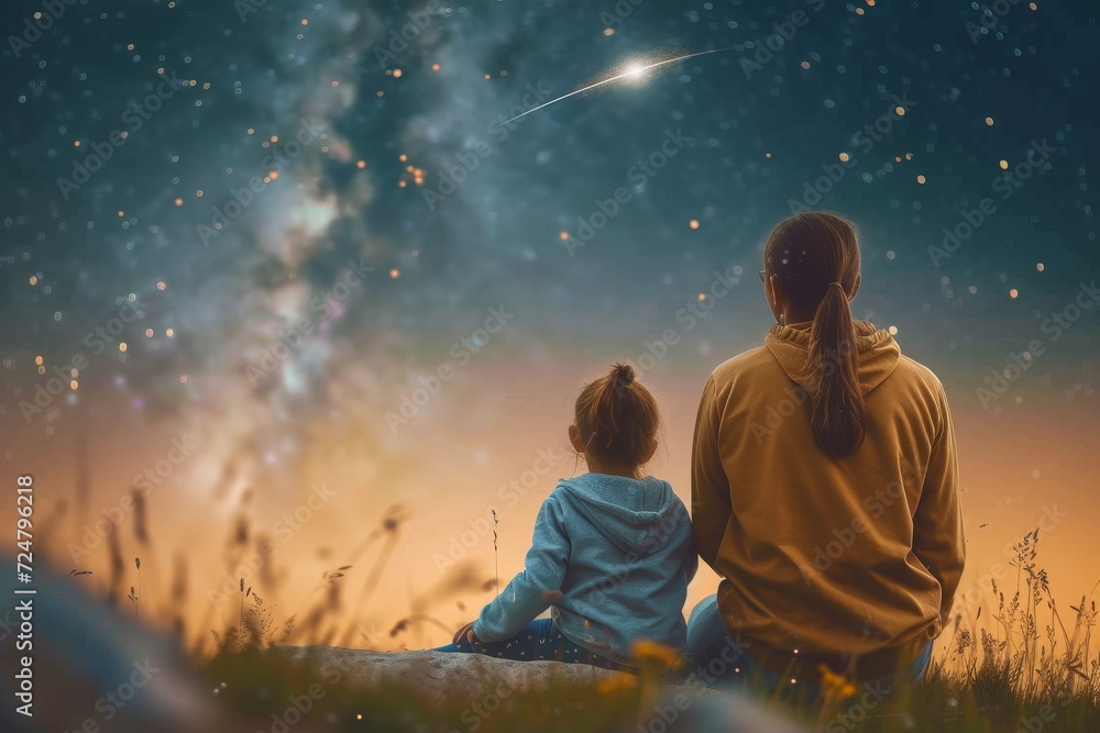 Fototapeta premium A mother and her child share a quiet moment under the night sky, their clothing blending with the grass as they gaze in awe at a shooting star