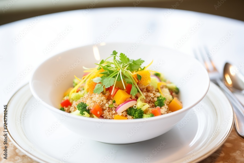 white bowl with quinoa and chopped vegetables white bowl with quinoa and chopped vegetables
