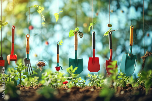 Garden tools floating levitating in the air, shovels, diggers, rakes, planting tools, seeds, garden gloves in garden. © Degimages