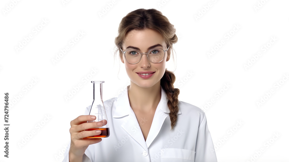 A doctor and scientist are shown holding a glass flask against a stark white background. A doctor and scientist are shown holding a glass flask against a stark white background.