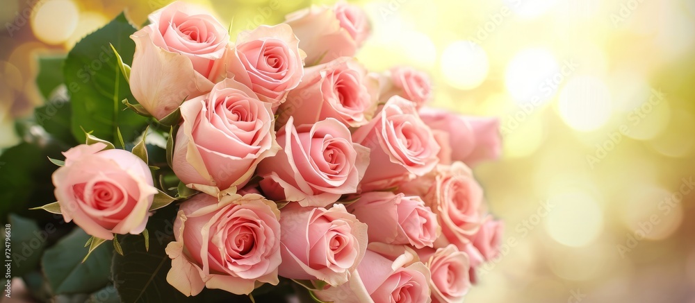 A bunch of pink roses is shown in the picture. A bunch of pink roses is shown in the picture.