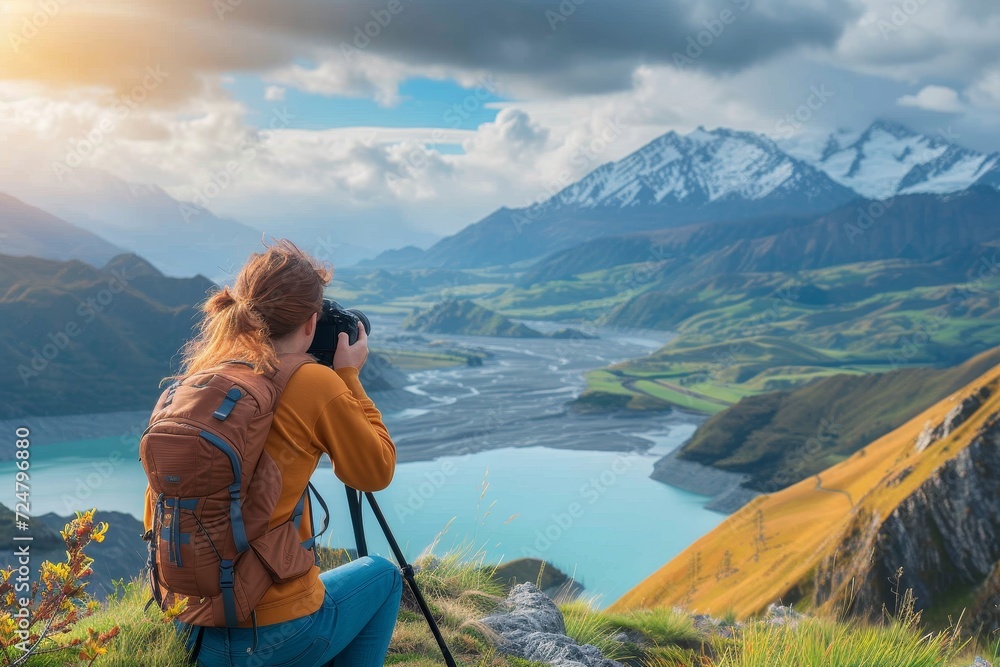 A hiker captures the majesty of a highland landscape, with billowing clouds and a serene lake nestled among the rugged mountain range, all while dressed in outdoor clothing and surrounded by the natu