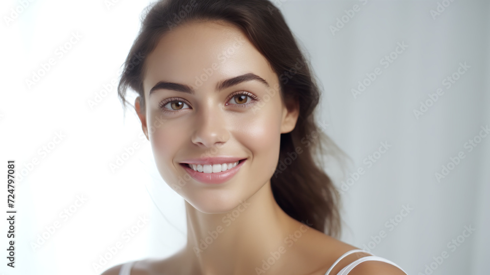 Close-up of a happy young lady alone on a blank white background Close-up of a happy young lady alone on a blank white background
