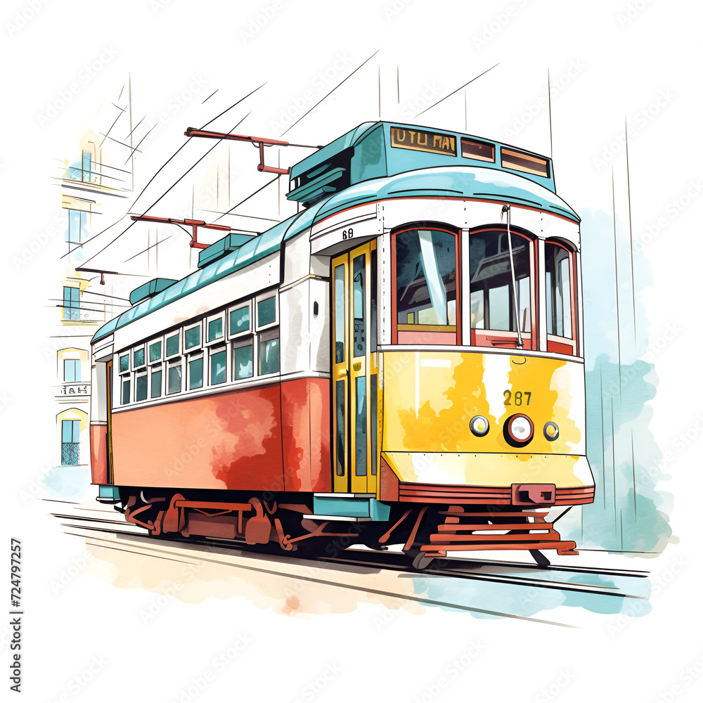 Tramway Watercolor Clipart, Watercolored Design, Ai generative