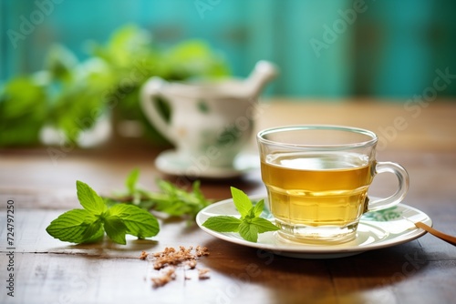 fresh peppermint leaves next to a steaming cup of tea