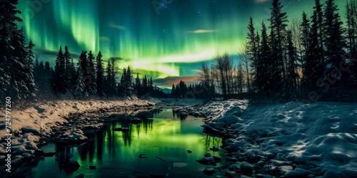 Northern lights against the background of snowy trees in the winter forest.  
 photo